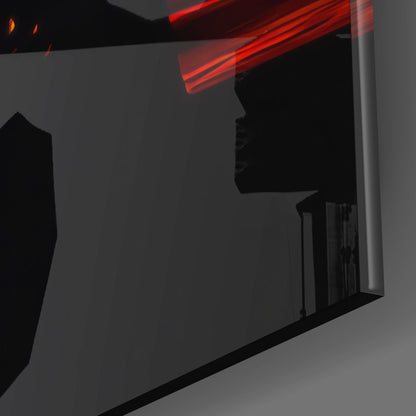 Red neon-lit glass wall art mounted on dark interior wall, angled perspective view.