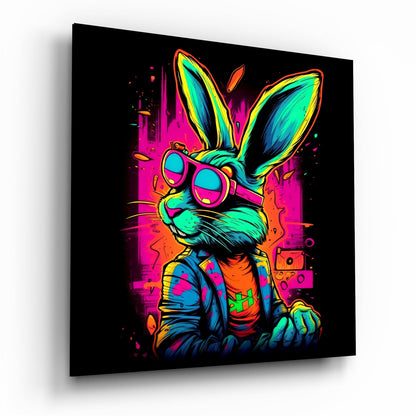 Neon-colored cartoon rabbit wearing sunglasses and jacket on black glass panel, displayed at three-quarter angle showing vibrant magenta, cyan, yellow, and orange hues.