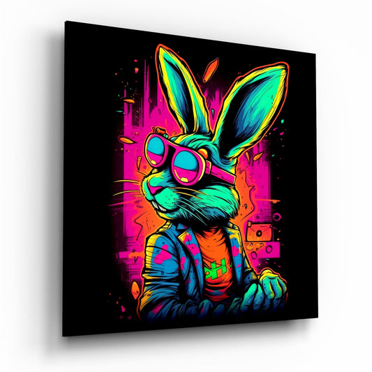Neon-colored cartoon rabbit wearing sunglasses and jacket on black glass panel, displayed at three-quarter angle showing vibrant magenta, cyan, yellow, and orange hues.