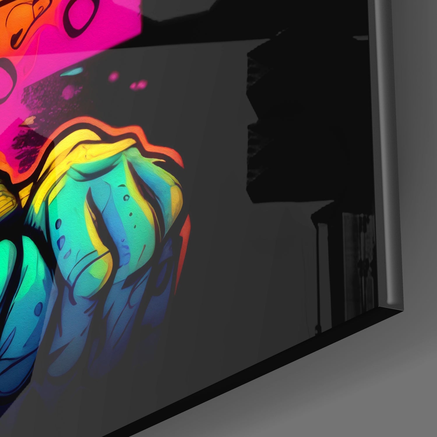 Neon glass wall art featuring a colorful rabbit head with rainbow gradient colors displayed on dark interior wall.
