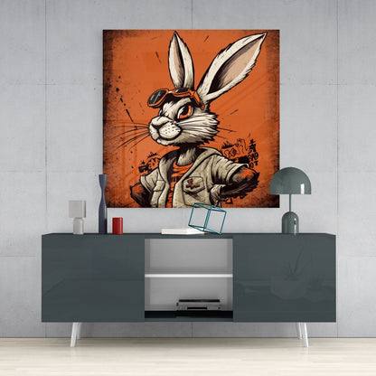 Cool Rabbit Glass Wall Art depicting a white rabbit in aviator goggles and tan jacket on orange background, displayed above gray media console.