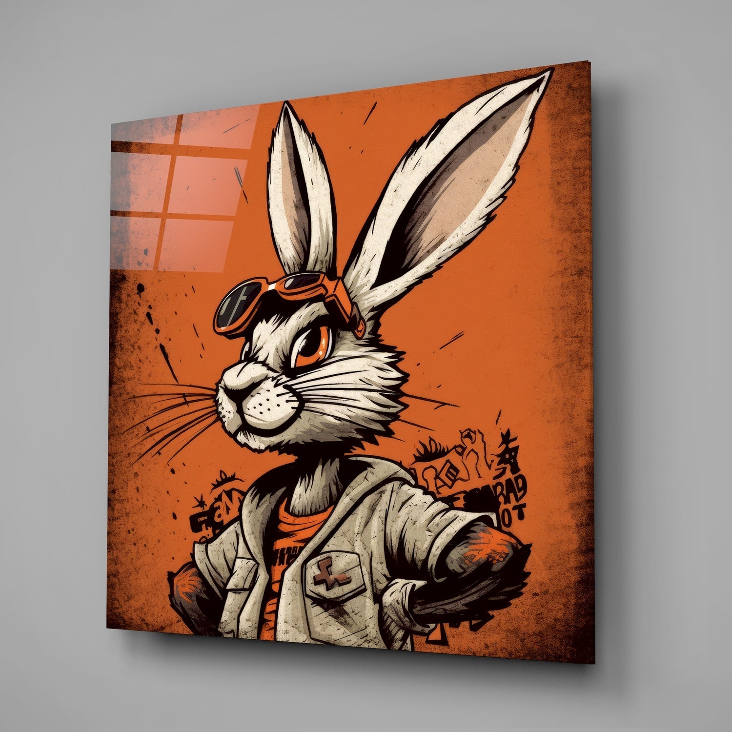 Angled view of glass wall art depicting a white rabbit wearing orange goggles and jacket against rust-orange textured background.
