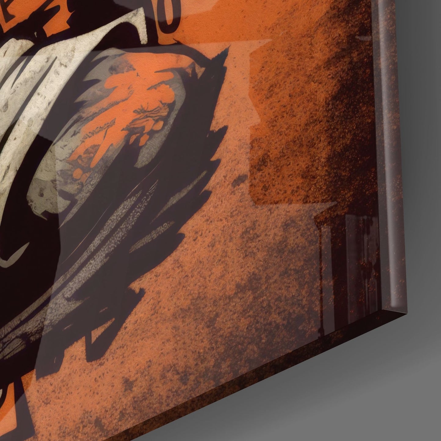 Close-up detail of Cool Rabbit Glass Wall Art showing rusty orange textured surface with black rabbit silhouette shadow and white rope edge.