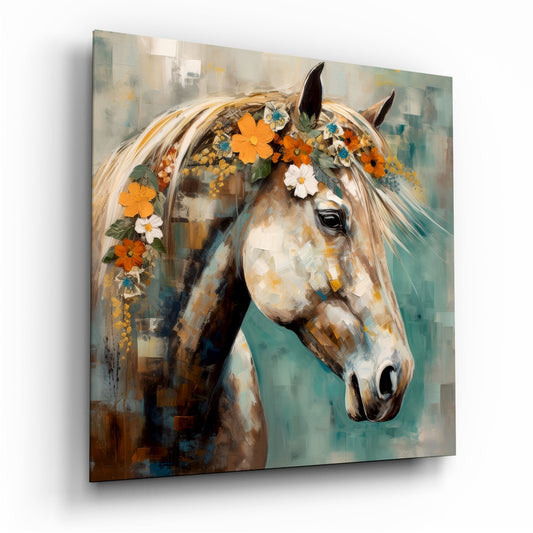 Glass wall art showing a horse's head in profile wearing a floral crown of orange and white flowers against a teal and brown abstract background.