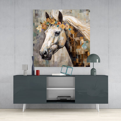 Golden Roses White Horse Glass Wall Art