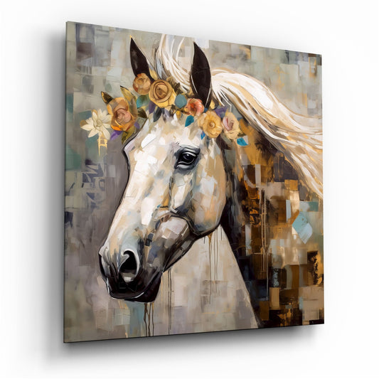 A glass wall art panel displaying a white horse with flowing mane wearing a floral crown of golden and pink roses, set against an abstract geometric background in earth tones.