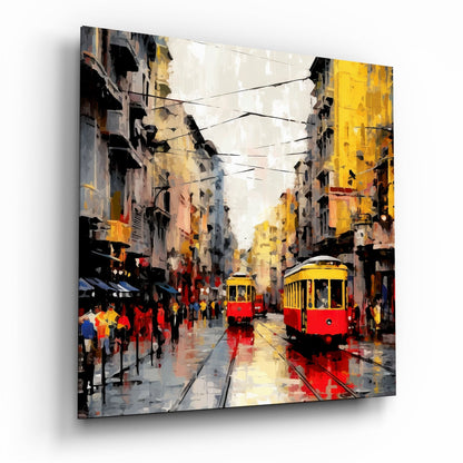 Yellow Tram Rainy Avenue Glass Wall Art