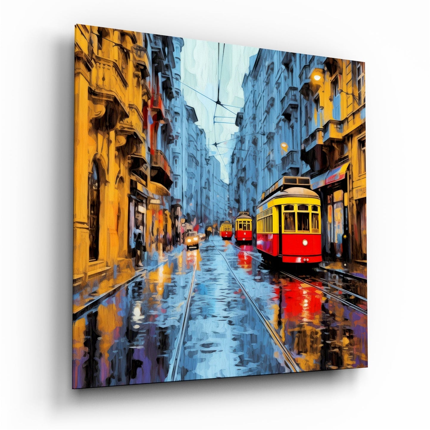 Blue Dusk Tram Street Glass Wall Art