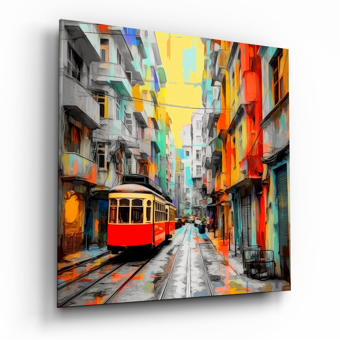 Red Tram Colorful Painted Street Glass Wall Art
