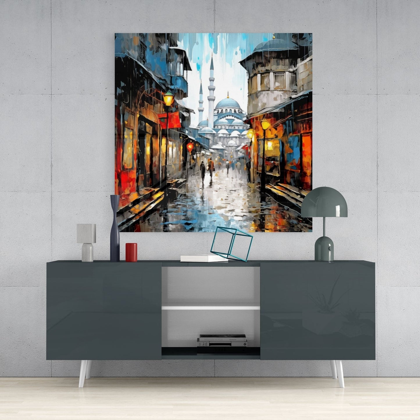 Rainy Mosque Street Lanterns Glass Wall Art