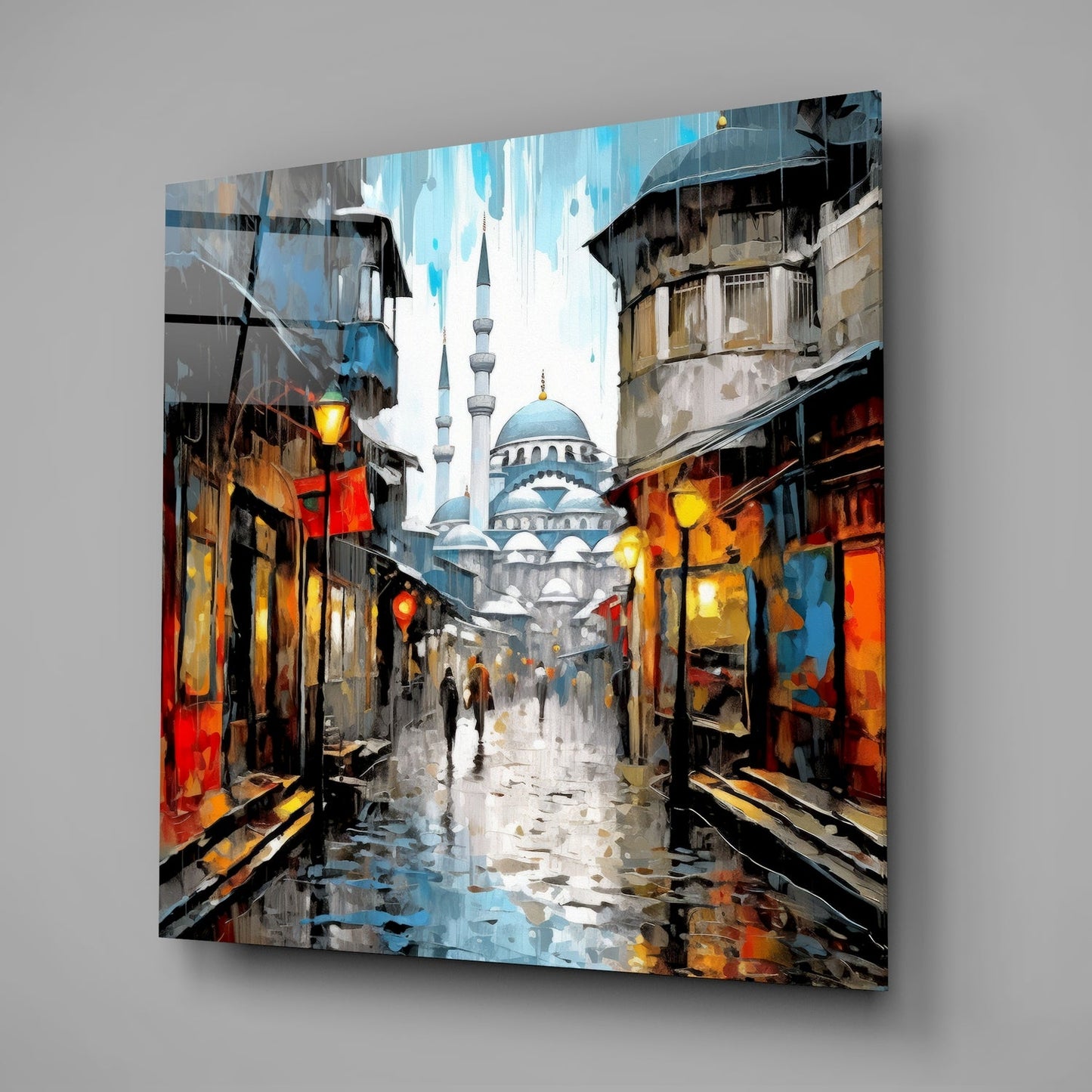 Rainy Mosque Street Lanterns Glass Wall Art
