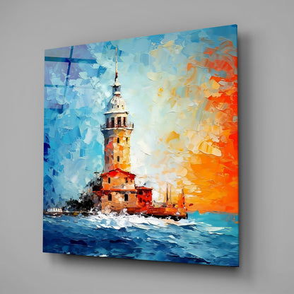 Palette Knife Blue And Orange Maidens Tower Glass Wall Art