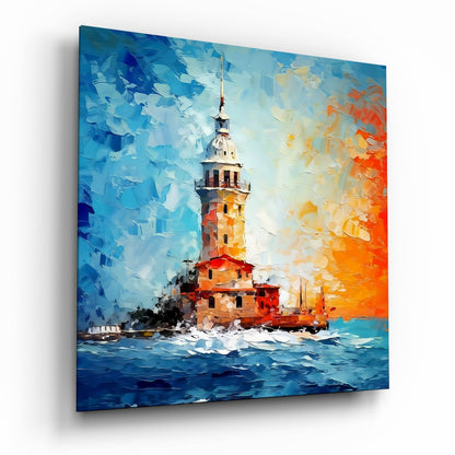 Palette Knife Blue And Orange Maidens Tower Glass Wall Art