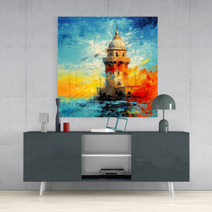 Impasto Yellow Sunset Maidens Tower Glass Wall Art