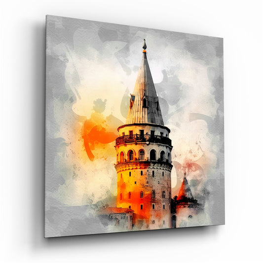 Galata Tower rendered in watercolor style with vibrant orange and yellow splashes against a gray-white textured background on glass canvas.