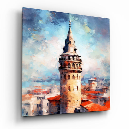 Impressionist painting of Galata Tower with terracotta roofs and blue sky on angled glass panel with shadow.