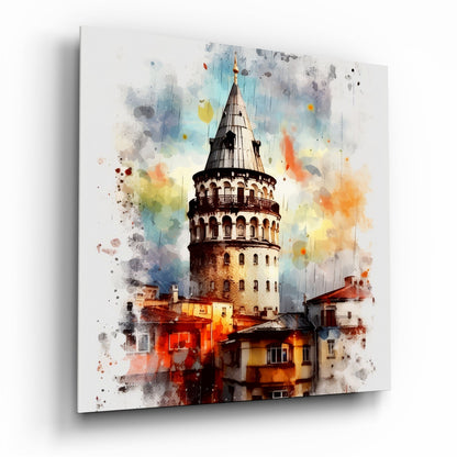 Splatter Watercolor Galata Tower Glass Wall Art
