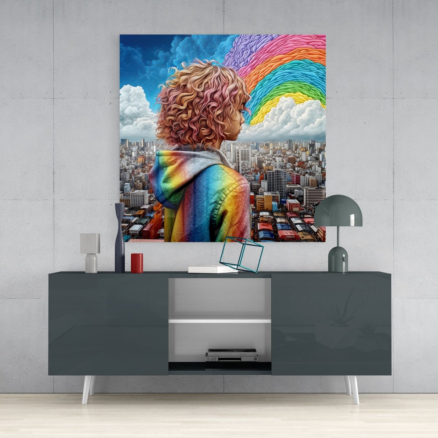 Glass wall art depicting a figure with curly reddish hair and rainbow jacket facing a cityscape with rainbow sky, displayed above a dark gray media console.