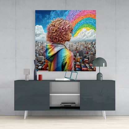 Glass wall art depicting a figure with curly reddish hair and rainbow jacket facing a cityscape with rainbow sky, displayed above a dark gray media console.