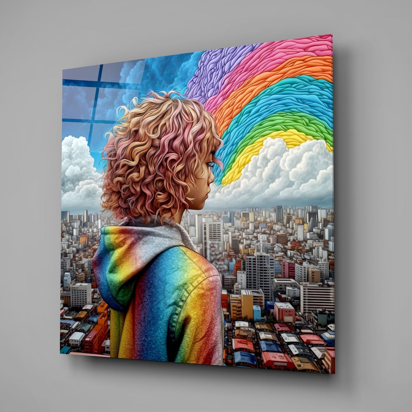 Person with curly reddish hair wearing rainbow-colored jacket faces cityscape with rainbow emanating from clouds above, displayed on glass wall art panel.