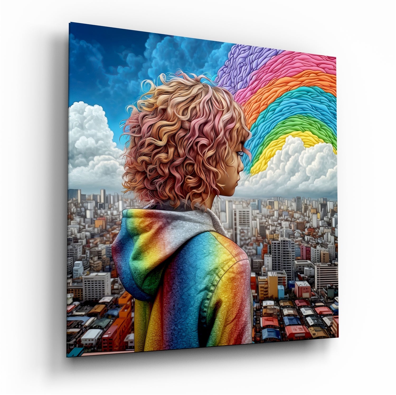 Person with curly auburn hair wearing rainbow-striped hoodie overlooking cityscape with rainbow clouds, viewed from behind on glass panel.