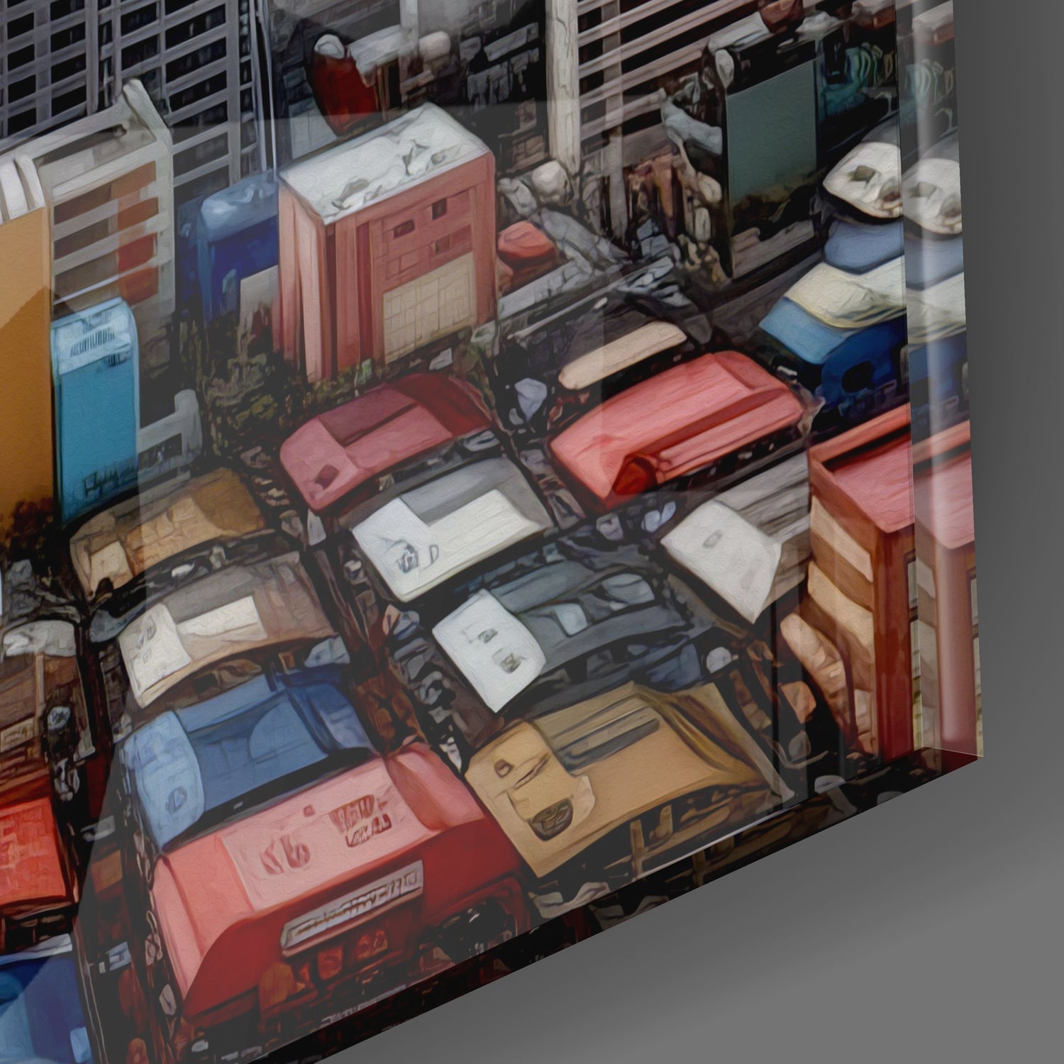 Overhead view of Rainbow Dreams Glass Wall Art displaying colorful illustrated cars and buildings in an urban parking lot scene with red, blue, and tan vehicles.