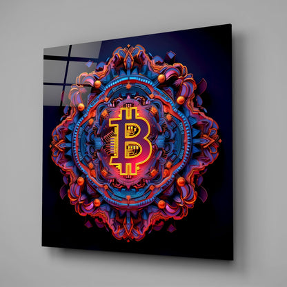 Neon Mandala Bitcoin Emblem Glass Wall Art