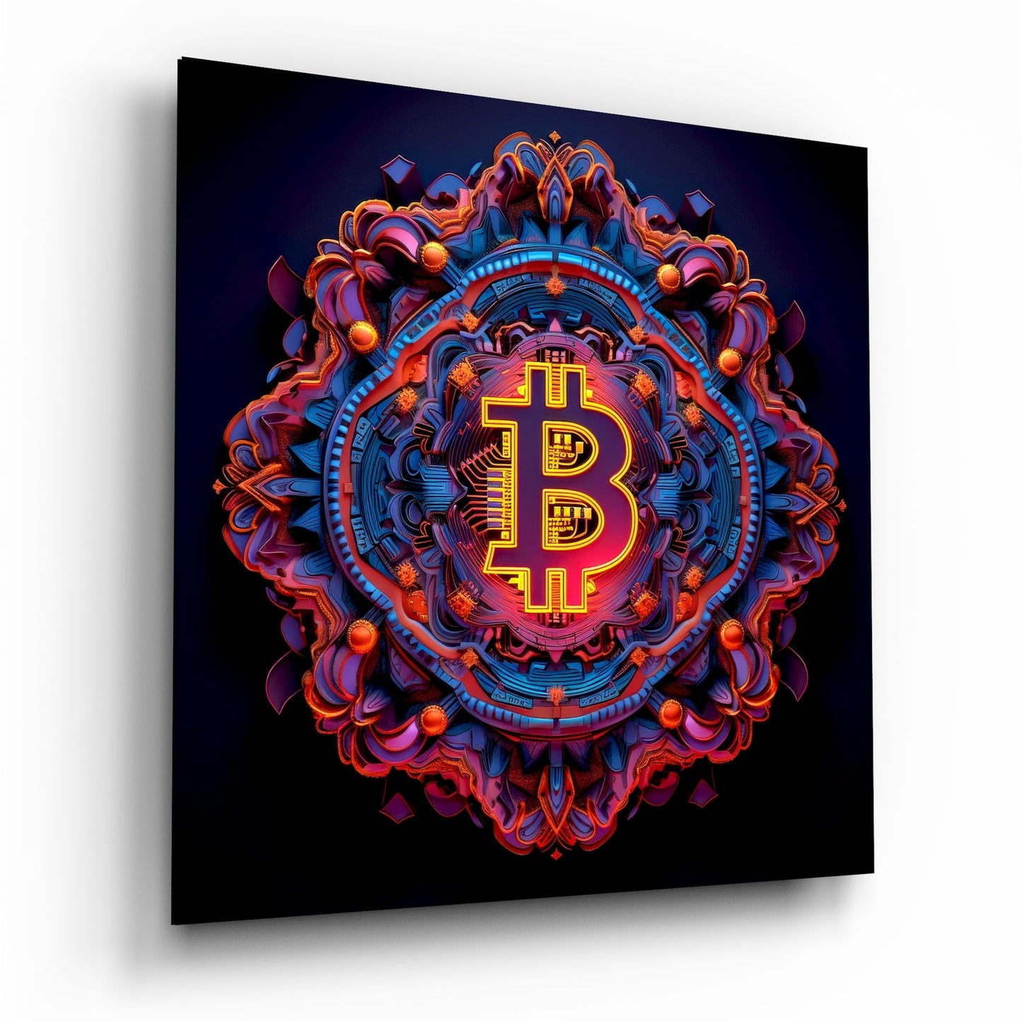 Neon Mandala Bitcoin Emblem Glass Wall Art