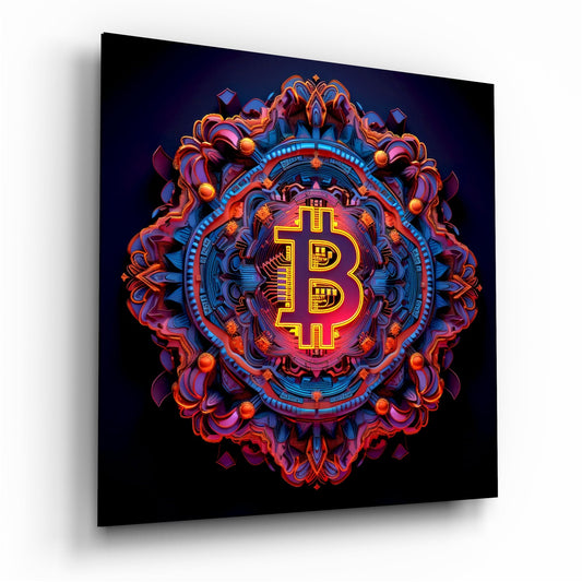 Neon Bitcoin symbol centered in ornate mandala design with red, orange, and blue glowing effects on dark background, displayed at angle showing glass depth.