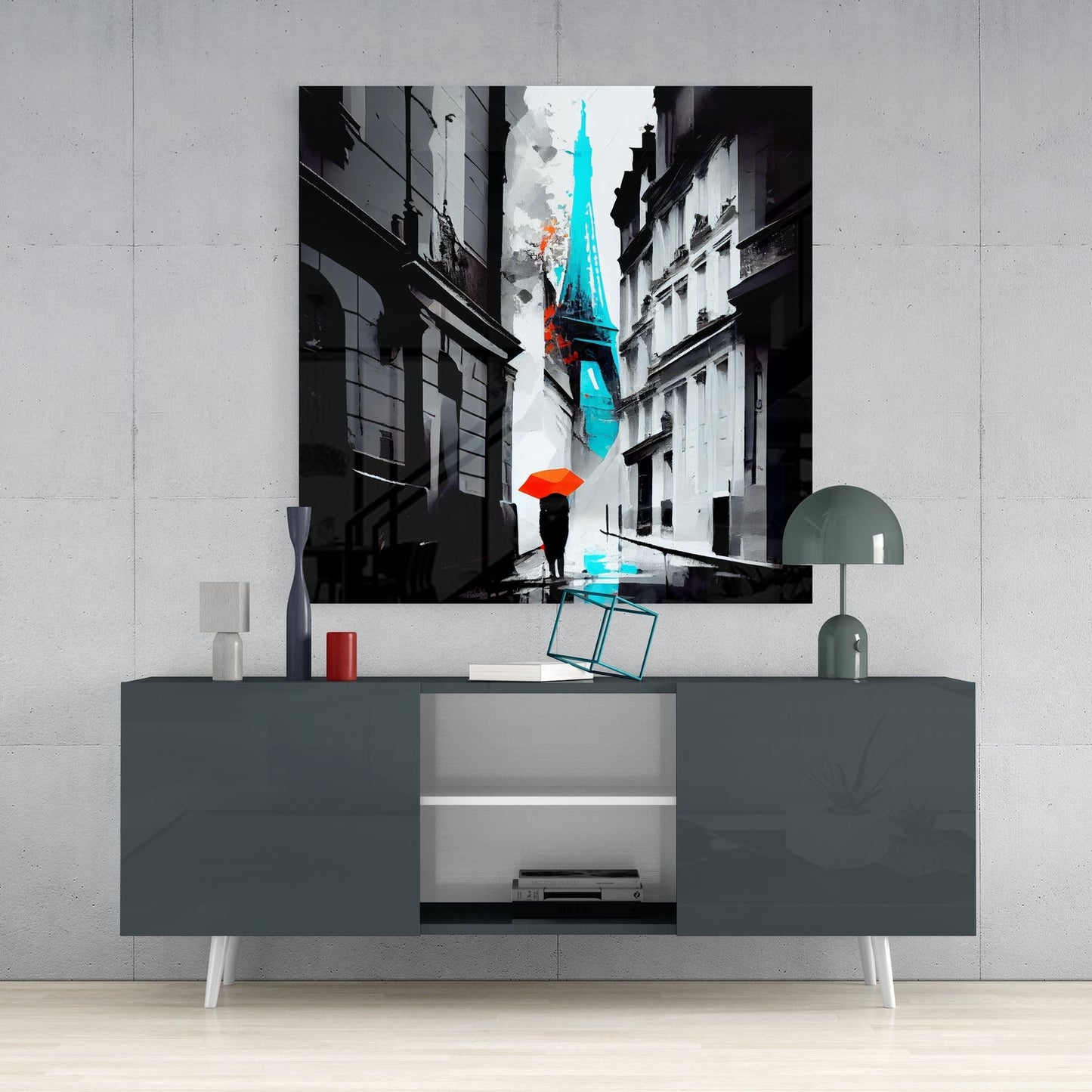 Turquoise Tower Red Umbrella Alley Glass Wall Art
