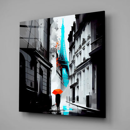 Turquoise Tower Red Umbrella Alley Glass Wall Art