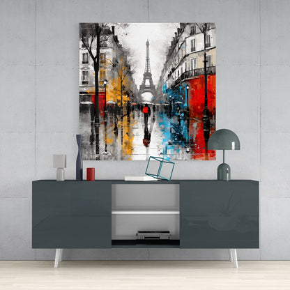 Rainy Boulevard Red and Yellow Glass Wall Art
