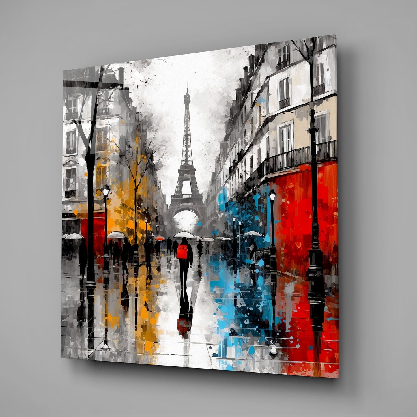 Rainy Boulevard Red and Yellow Glass Wall Art