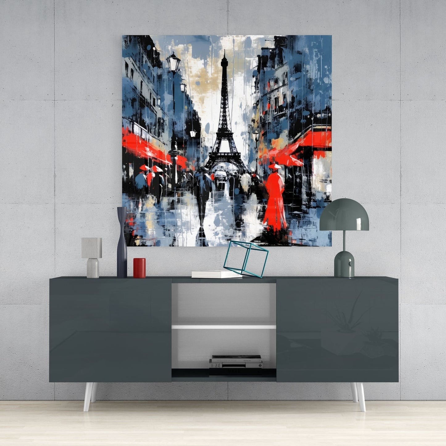 Red Coated Figure on Blue Street Glass Wall Art