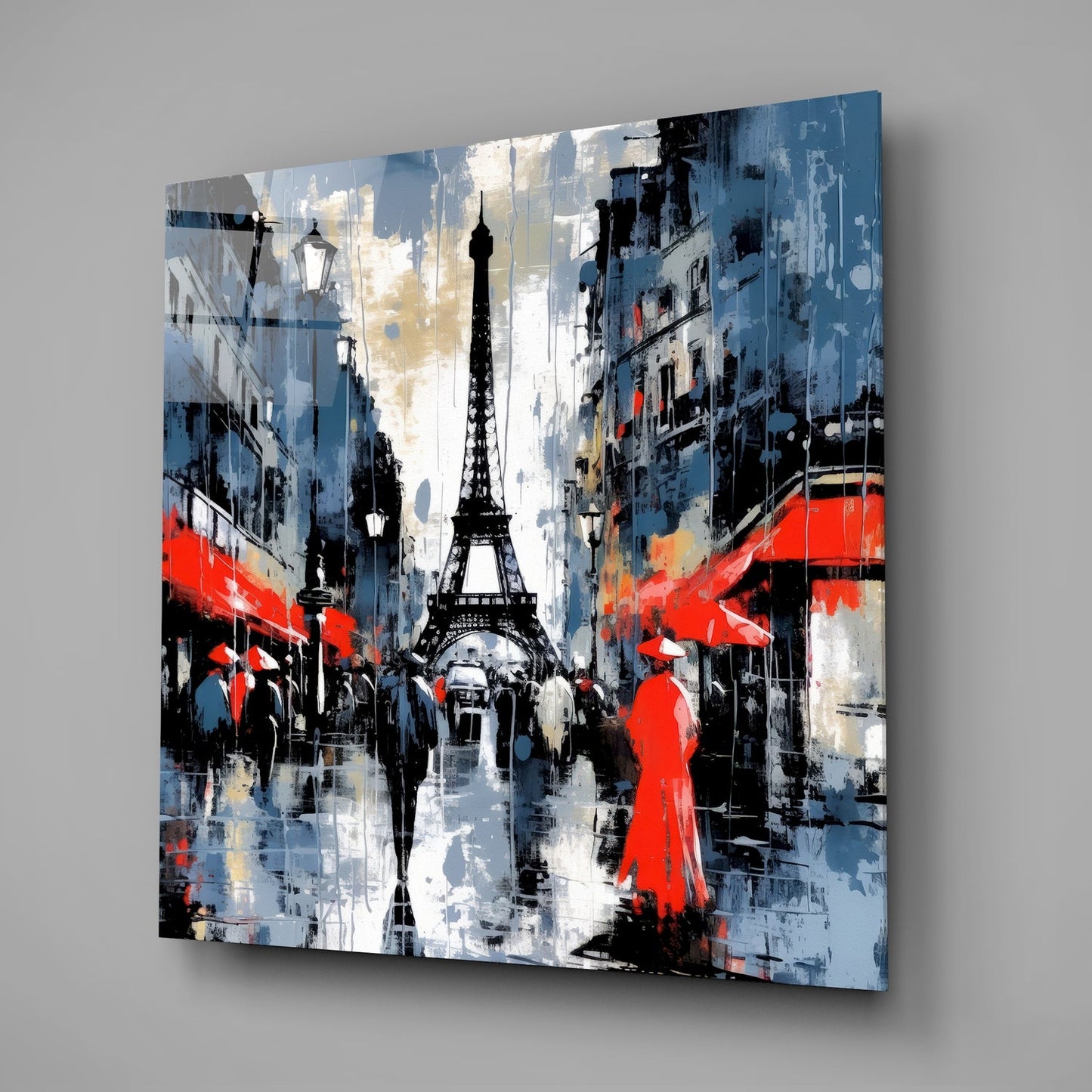Red Coated Figure on Blue Street Glass Wall Art
