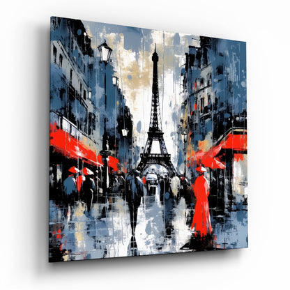 Red Coated Figure on Blue Street Glass Wall Art