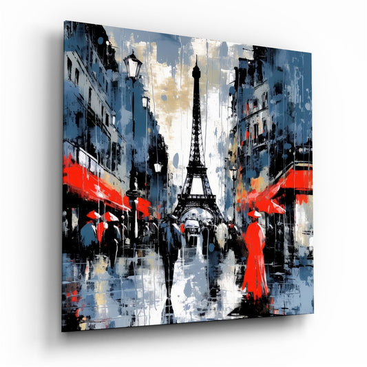 Abstract street scene with Eiffel Tower centered between blue buildings, red umbrellas and figures, displayed as angled glass wall art.