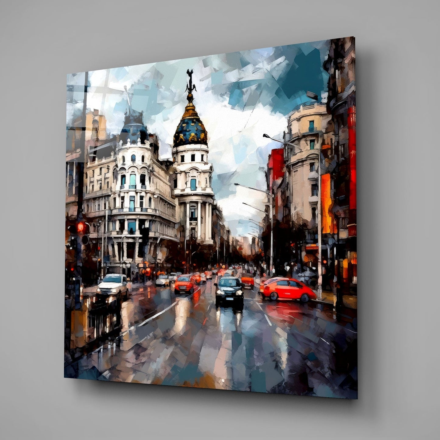 Blue Dome Rainy Boulevard Spain Glass Wall Art