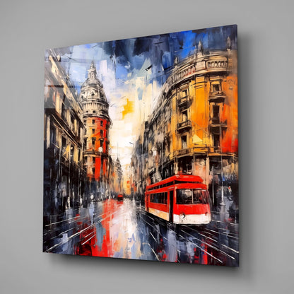 Red Tram Palette Knife Street Spain Glass Wall Art