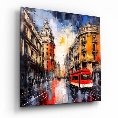 Red Tram Palette Knife Street Spain Glass Wall Art