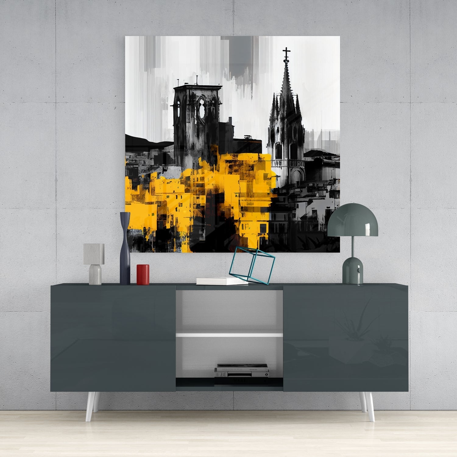 Gray modern sideboard with open shelving displaying decorative items beneath black and yellow abstract cityscape wall art featuring gothic architecture.