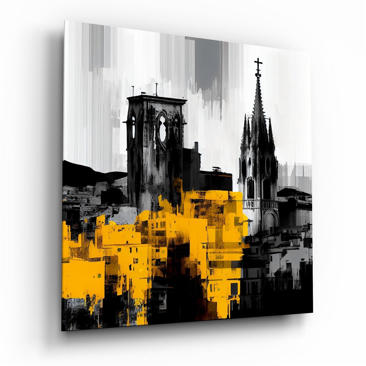 Black and white cityscape with Gothic church spires and yellow building silhouettes on glass wall art, angled three-quarter view.