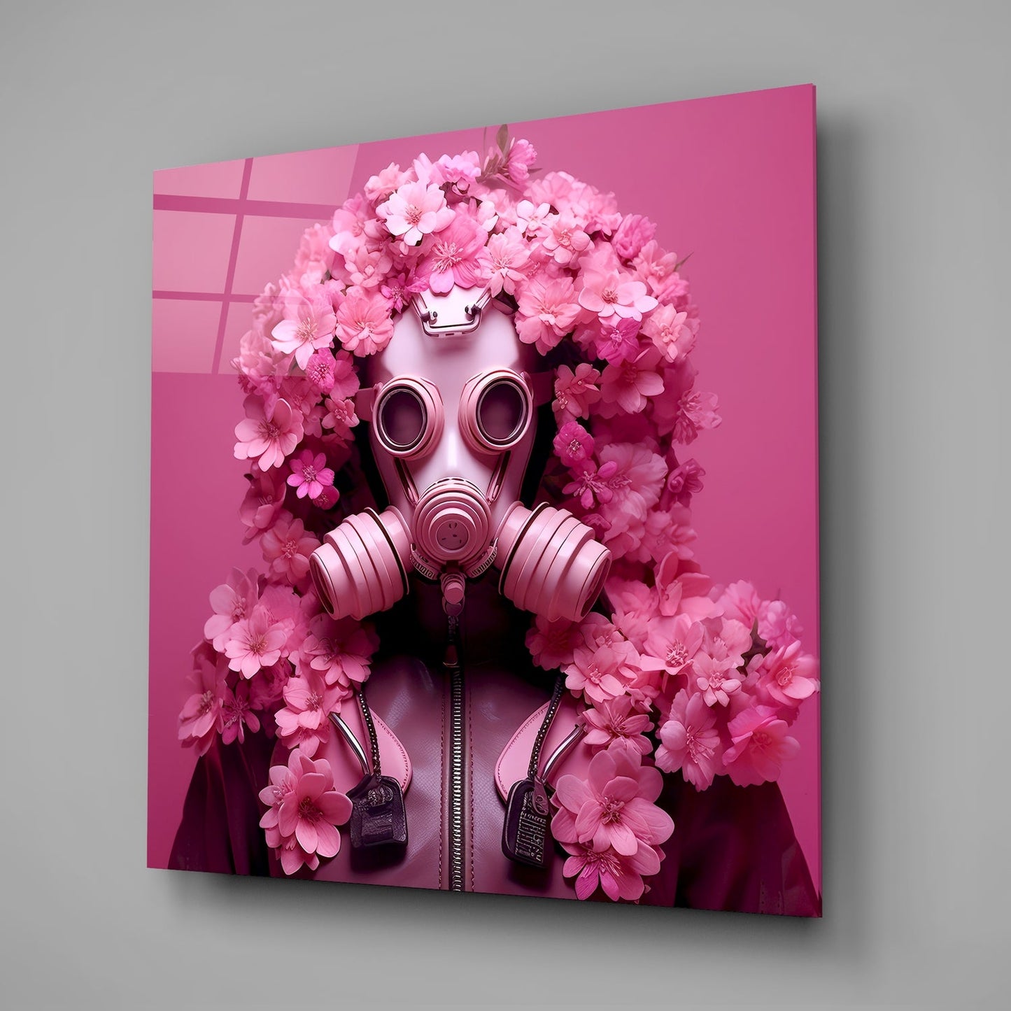 Pink glass wall art displaying a gas mask surrounded by pink flowers against a monochromatic pink background, angled perspective view.