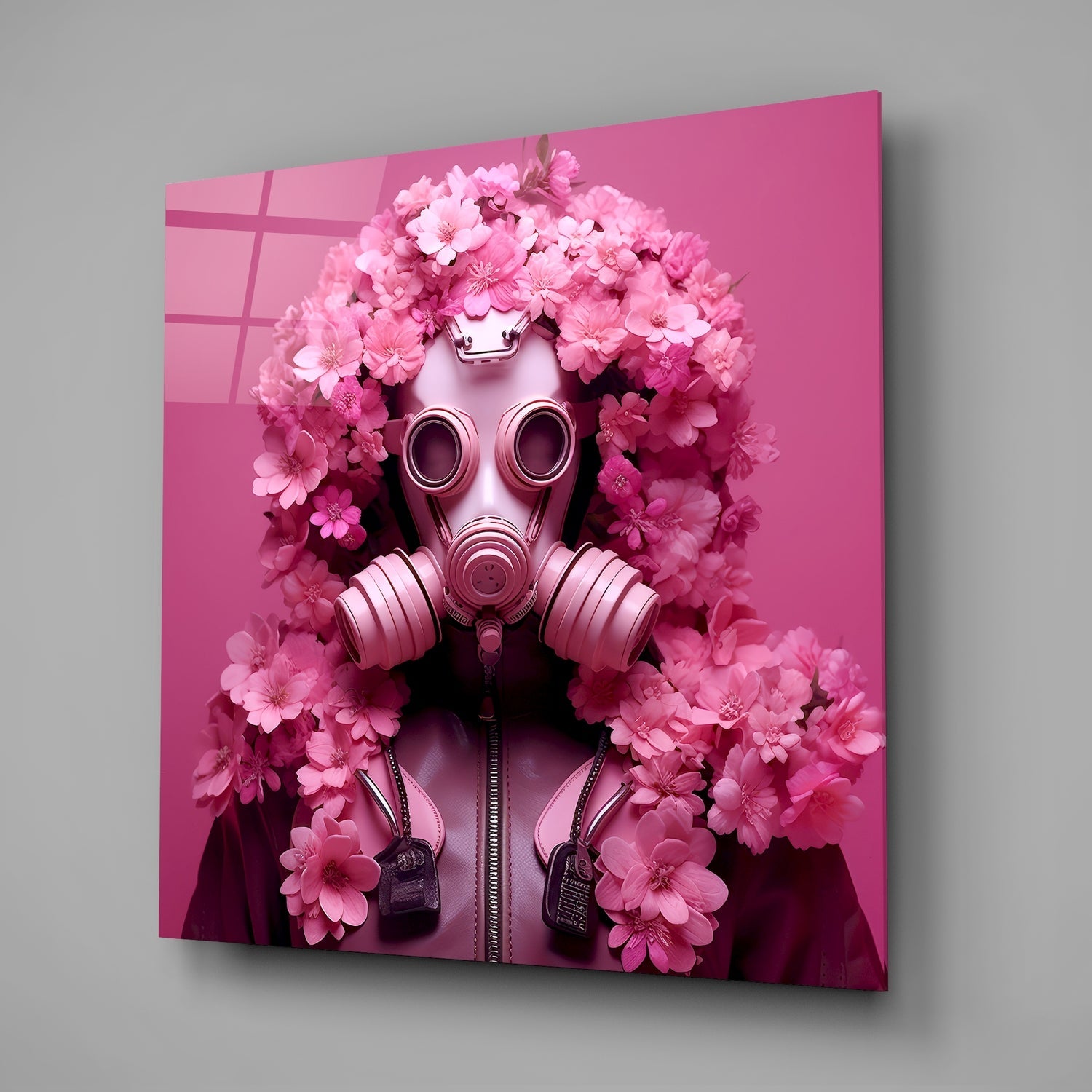 Pink glass wall art displaying a gas mask surrounded by pink flowers against a monochromatic pink background, angled perspective view.