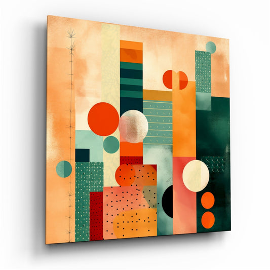 Abstract geometric glass wall art with layered rectangles and circles in peach, teal, orange, and dark green on a cream background, displayed at an angle.