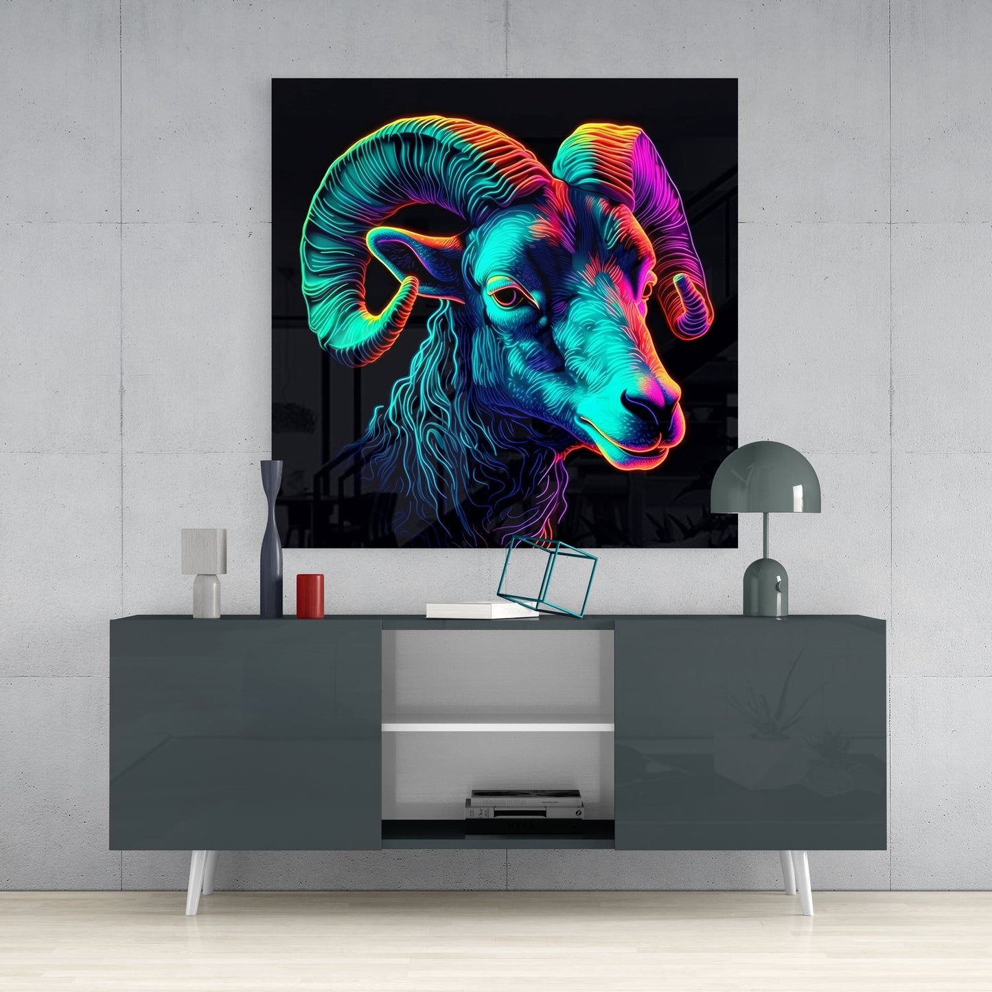 Neon rainbow ram head glass wall art displayed above gray console table in modern interior setting.