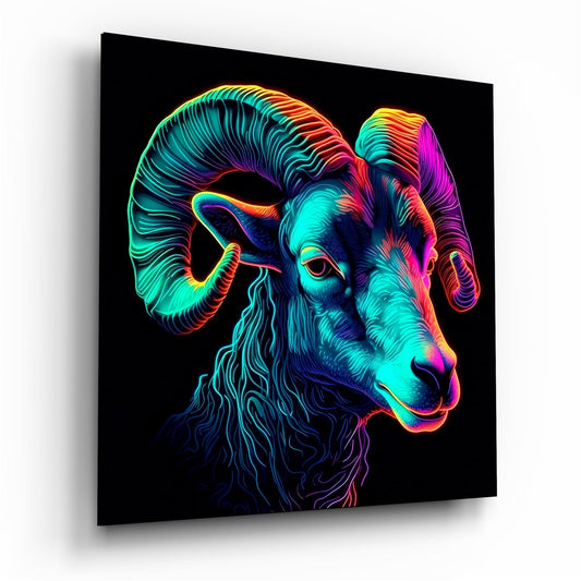 Neon-colored ram head with curved horns in cyan, magenta, and yellow on black glass panel, angled perspective view.