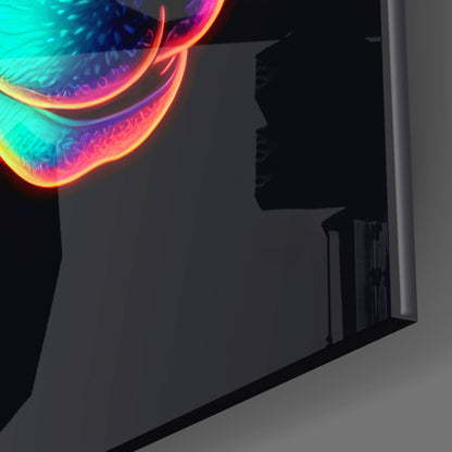 Neon ram head glass wall art with glowing cyan, magenta, and yellow edges mounted on dark wall.