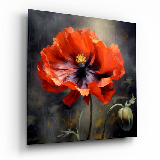 Vibrant red poppy with dark purple center and yellow stamens displayed on glass wall art against moody gray background.