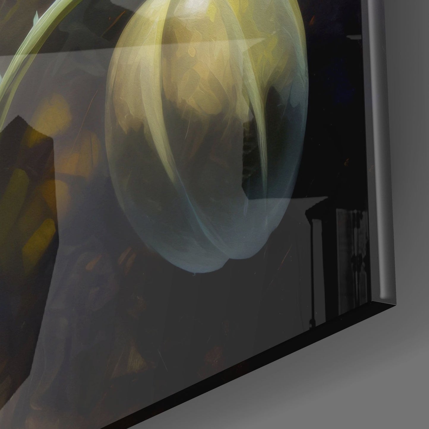 Close-up angled view of translucent glass poppy flower wall art with pale yellow petals and dark center against dark background.